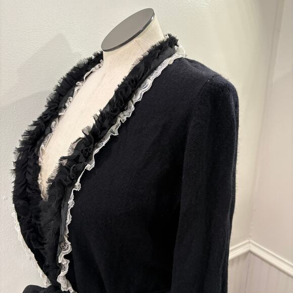 Peck & Peck Collection Size XL Cardigan Sweater Wool Cashmere Black Ruffle Lace - Picture 3 of 16